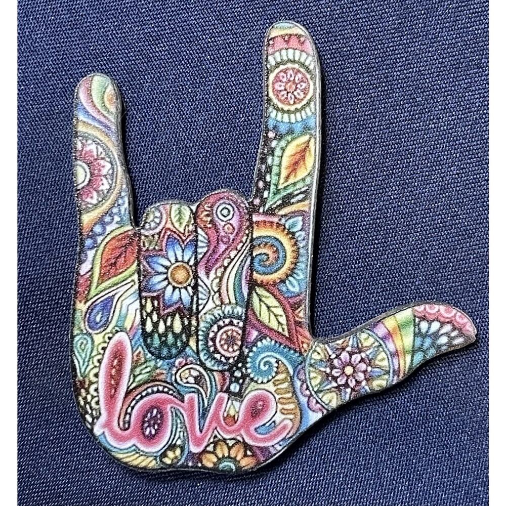 NWOT Love Hand Sign Lapel Pin Brooch Multicolor Resin Plastic Hippie Boho 2D